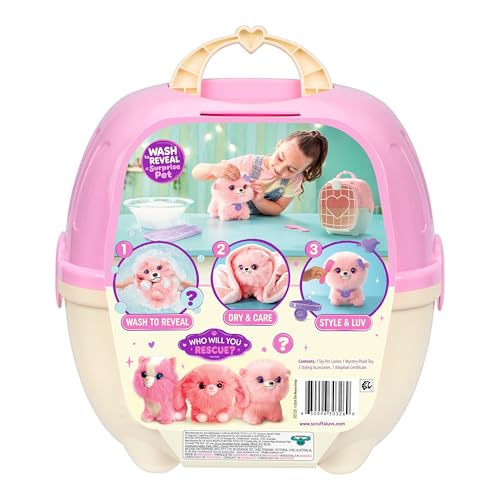 ScruffaLuvs Pink Surprise Pet, Mystery Plush Toy, Wash to Reveal | Wash to reveal 1 of 3 rescue pets, includes deluxe carrier & comb; plush toys for girls ages 3+, gift - style: Pink