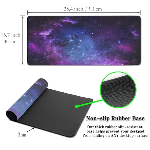 Mouse Pad Computer Desk Accessories Office Pad, Big Mouse Pads Desktop Mat, XXL Mouse Pad Gaming Non-Slip Rubber Base Waterproof with Stitched Edges, 35.4" X 15.7" for Work/Game/Office/Home - color: Galaxy