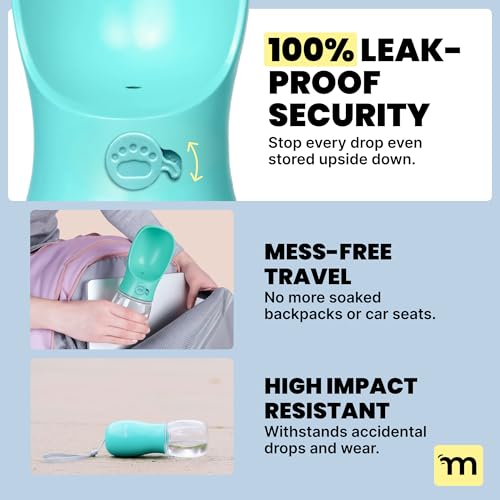 MalsiPree Dog Water Bottle Dispenser - 12 oz Blue, Leak-Proof | 12oz leak-proof bottle - one-hand use - built-in bowl - Use for dog walks, travel, hiking & beach days - color: Blue, size: 12oz - Standard