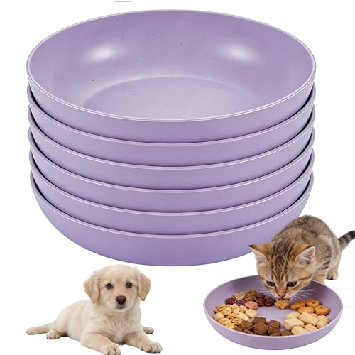 Shallow Cat Food Bowls 6pk Wide Flat Plastic Slow Feeder Pet Bowls | Wide shallow plastic cat bowls 6pk, anti-vomiting slow feeder, easy clean for wet dry food, for kittens small indoor dogs - color: purple