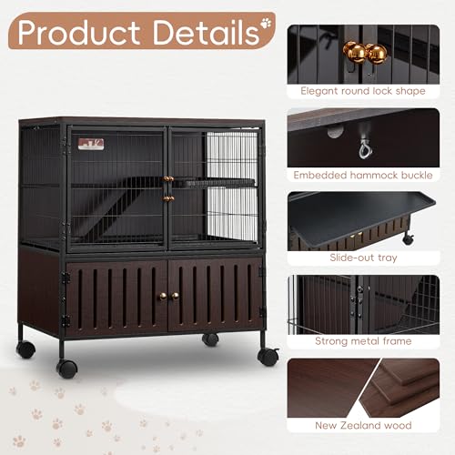 HABUTWAY 36.5''H Metal Large Ferret Cage, Rolling Chinchilla Cage with Removable Ramps& Double Door, with Locker, Small Animal Cage, Rat Indoor Wooden Pet Crate Furniture