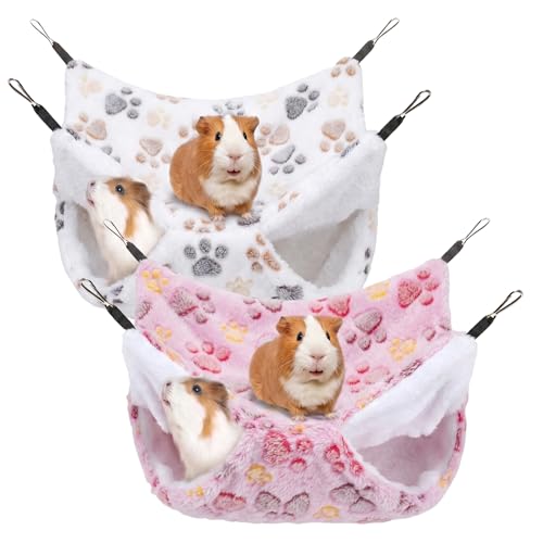 2 Pack Large 13.8x13.8in Rat Hammock for cage, Cozy Ferret Bed and Plush Hamster Hideout, Reliable Guinea Pig Accessories for cage, Great Small Animal beds,Purple, Coffee (Rose Red, White) - color: Rose Red, White