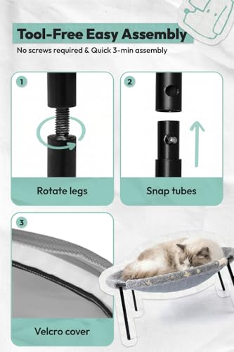 Elevated Cat Bed, Glow-in-The-Dark Fabric Cat Hammock Bed for Large Indoor Cats, Machine Washable & Breathable Cover, Tool Free Easy Assembly, up to 66Lbs (Gray, L)