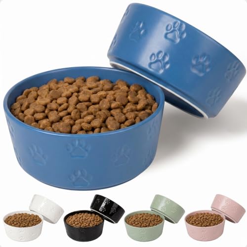 Ceramic Dog Bowl Set of 2 w/ Anti-Skid Base 6.5"W x 2.5"H, 3.8 Cup Capacity | Thick Ceramic, Dishwasher Safe, Anti-Skid Rubber Base, 3.8 Cups per Bowl, Ceramic Food & Water Bowls Set of 2 for Medium Dogs - color: Blue, size: Medium