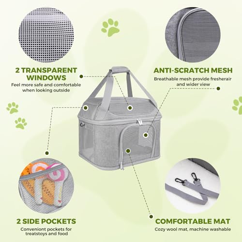 Soft-Sided Cat Carrier,Pet Bag with Padded Shoulder Strap (Up to 20 Lbs) | Animal Crate for Medium Kitten Puppy, Portable design for transport small dogs,Washable Cloth Carry Bag Home Car Travel, Grey