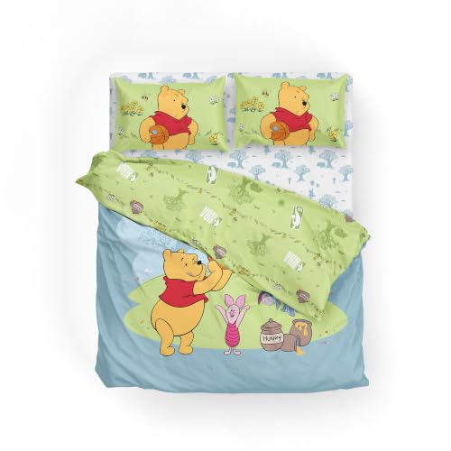 Disney Winnie The Pooh Full Comforter Set 5 Piece Includes Reversible Comforter & Sheet Bedding Set Soft Fade Resistant Microfiber Officially Licensed - color: Pooh Star Full