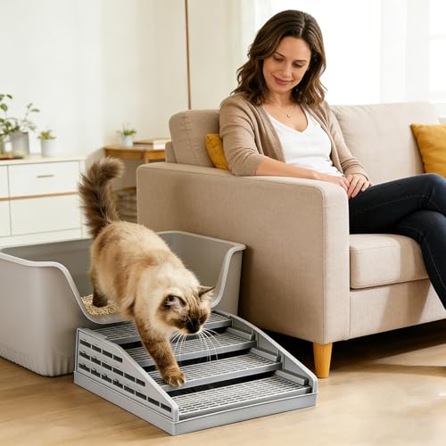 Litter Box Step Cat Ramp Litter Catcher for Cat Litter Boxes Height Adjustable Litter Mat for Small and Senior Cats Washable Water-Proof - Grey