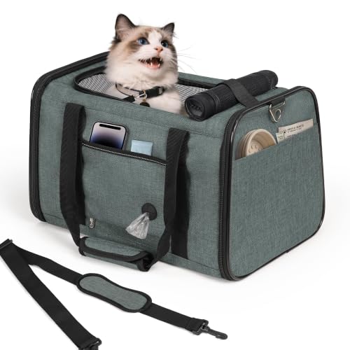 YUDODO 25lbs Cat Carrier Lightproof Soft Sided Pet Carrier for Large Cat | Airline Approved, Lightproof Breathable Design, Side Pockets, Durable Mesh, Foldable and Portable, Grey green - color: Grey green