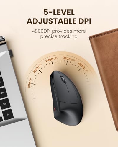POJTK Wireless Rechargeable Ergonomic Mouse, Bluetooth+USB A+Type C(3 in 1) Connection, Up to 4800 DPI, 6 Silent Buttons, 2.4GHz Carpal Tunnel Vertical Mice, for Desktop,Laptop,MacBook-Black-Upgraded