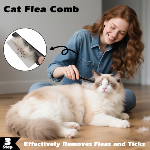3PCS Cat Grooming Supplies, Cat Brush & Nail Clipper/Trimmer & Flea Comb for Shedding Indoor Cats Essentials Stuff Accessories (Black) - color: Black