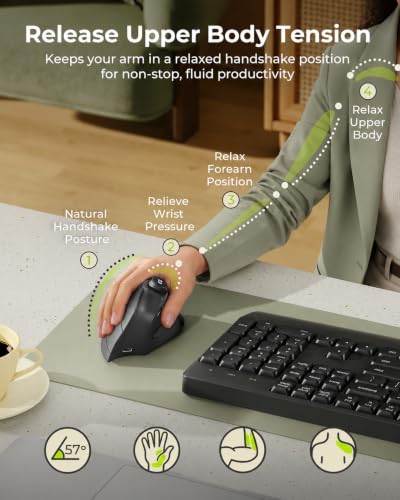seenda MOU-302 Wireless Bluetooth Ergonomic Vertical Mouse with Volume Knob | Rechargeable 3-device mice for small/medium hands with quiet clicks, 1000/1600/2400 DPI for PC, laptop, MacBook, Black - color: Black
