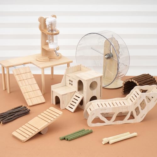 Hamster Toys Complete Set - Noiseless Silent Exercise Wheel, Maze Wood House, Stand, Chew Toys & Water Bottle Cage Accessories for Hamster, Rat, Mice Small Animal Habitat
