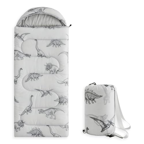 Wake In Cloud - Kids Sleeping Bag for Boys Toddlers, Camping in Warm Cold Weather, Backpacking Lightweight Compact Outdoor Liner for 3 Seasons, Dinosaur Sketch - color: Light Gray