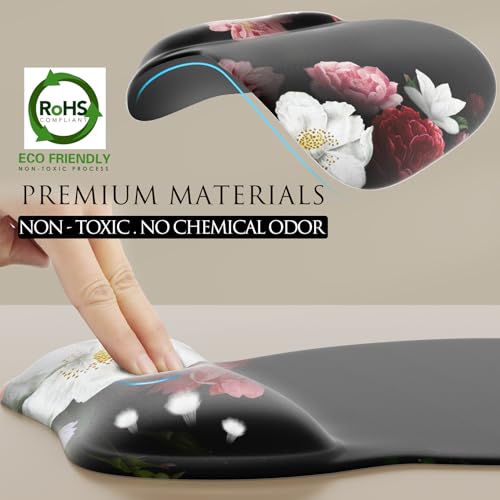 MROCO Ergonomic Mouse Pad with Gel Wrist Rest, 9.4 x 8.1 in, Black Flower | Ergonomic Shape Design, Multiple Pattern Options, Gel Wrist Comfort, Smooth Lycra Surface, Non-Slip PU Base - color: Black Flower