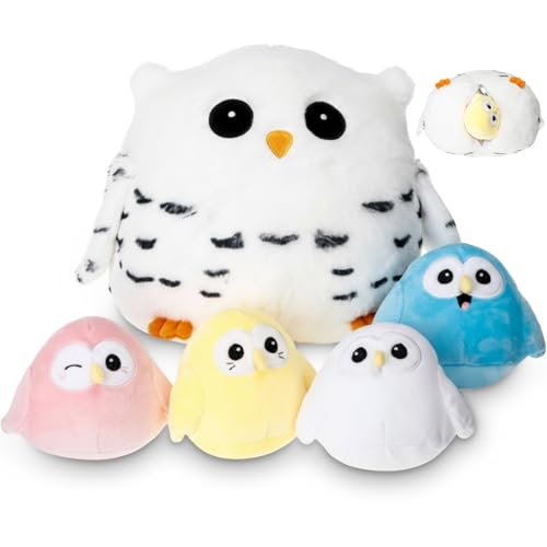 Hollowfly 5 Pcs Snowy Owls Plush Toy Gift Set 9.5" Mommy Owls with 4 Cute Pastel Babies Stuffed Animal in Zippered Butt Nurturing Plushies Toy Set for Kid Adults Birthday Party Favors Gifts - style: Colorful Owls