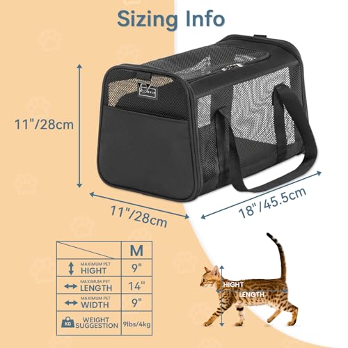 PETSFIT Soft-Sided Cat Carrier, Airline Approved | For Travel, 3 Carrying Ways, Lightweight and Ventilation on 5 Sides, Escape Proof, With Soft Fleece Pad - color: Z-Black, size: 18.0"L x 11.0"W x 11.0"H
