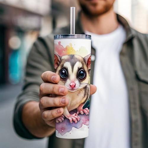 Sugar Glider Watercolor Skinny Tumbler 20oz with Straw Insulated Water Bottle Gift