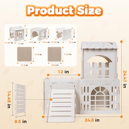 Large Rabbit House with 2PCS Rabbit Scratch Mat, Wooden Bunny Castle with 3 Houses Indoor, Guinea Pig Cage Multistory Climbing Tower Sturdy Wooden Castle, Small Animal Hideaway Tunnel - size: 3 Houses with Pad