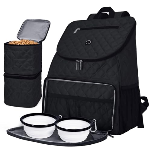 BAGLHER Dog Travel Bag, Airline Approved Pet Supplies Backpack, Dog Travel Backpack with 2 Silicone Collapsible Bowls and 2 Food Baskets, Black - color: Black-B