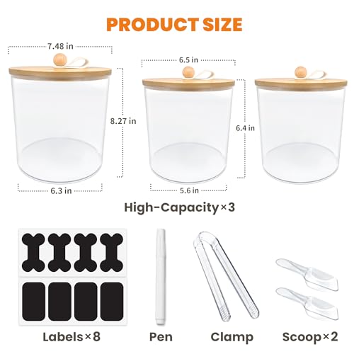 HOYTAMDAR 3 Pack Airtight Dog Treat Containers Bamboo Lids, Dog Treat Jars | Dog Food Storage Container with Scoops, Clamps, Labels and Marker, Dog & Cat Treat Holder - color: Wood - 3 Pack