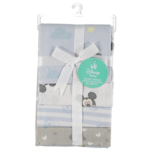 Disney Baby 4-Pack Receiving Blankets — 100% Cotton Flannel, 28" x 28" — Available in Mickey, Minnie, Pooh, Stitch or Angel — Soft Swaddle, Burp & Stroller Blankets — Gift-Ready with Ribbon Bow - color: Mickey Mouse Sleepy Sky