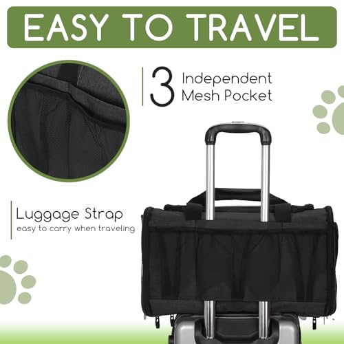 Pet Carrier for Cats & Small Dogs, Travel Carrier with Anti-Collapse Support, Chew Resistant Buckles, Luggage Sleeve, Multi-Pocket Storage, Reversible Mat & Bowl (Black, Medium (17.5"x11"x11.5")) - color: Black