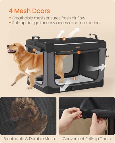 Feandrea Collapsible Dog Crate, Portable Travel Crate, 36-Inch | Oxford Fabric Pet Carrier with 4 Mesh Doors, Handles, Storage Pocket, Water Bottle Holder, UPDC019B01 - size: XL（36"L x 25"W x 25"H)