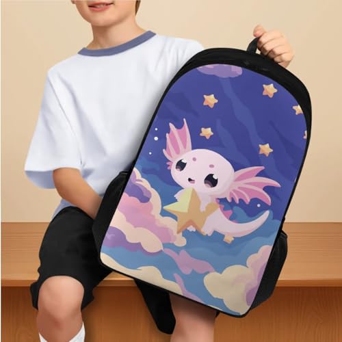 Cartoon Axolotl Bookbag for Girls with Lunch Box Water Bottler Holder and Zipper Clouser Pencil Case for Boys Kids Compartment 6Th Grade School Bag Big Capacity 4 in 1 Primary Backpack - color: Cartoon Axolotl