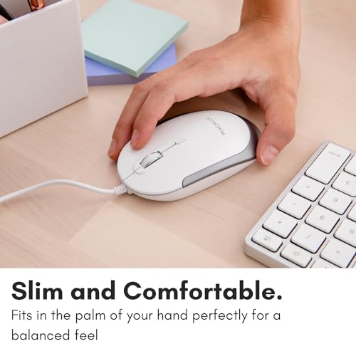 Macally Silent Wired Mouse - Slim & Compact USB Mouse for Apple Mac or Windows PC Laptop/Desktop - Designed with Optical Sensor & DPI Switch - Simple & Comfortable Wired Computer Mouse (White) - color: White with Silver Trim
