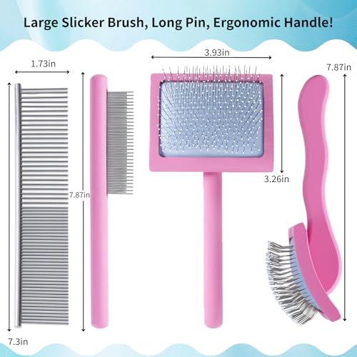 Pink Slicker Brush for Long Haired Dog Wooden Handle Coated Pins | Gently Grooming Slicker Brush, Ergonomic Wooden Handle, Long-Haired Dogs, Long Pins for Grooming Goldendoodles Poodles - color: Pink