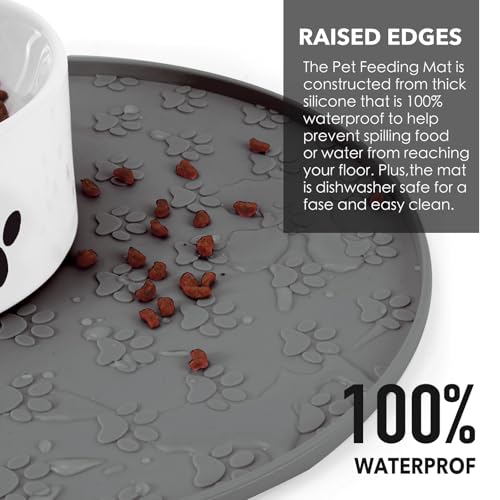 Silicone Pet Food Mat - Waterproof Dog Food Bowl Mat Cat Feeding Mat Thicker Pet Placemat Eating Mat with High Lip to Prevent Spills, Dog & Cat Water Bowl Mat for Messy Drinkers to Protect Floors，Gray - color: Grey