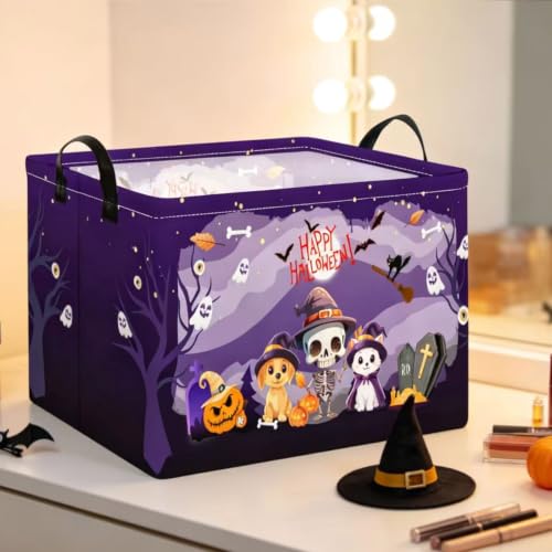 Purple Spooky Night Halloween Basket with Kitten Puppy Ghost Prints,Trick or Treat Storage basket for Gifts and Party Stuffers(Kitten Puppy Skeleton) - color: Kitten Puppy Skeleton