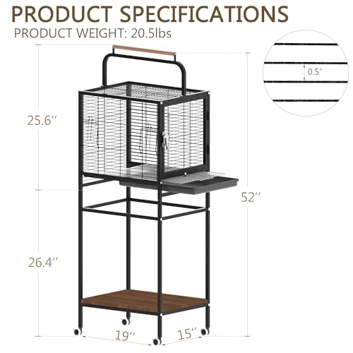 Bird Wrought Iron Cage, Home Style Detachable Travel Birdcage for Small and Medium Birds Parrots Lovebird Conures Cockatiel,Black,52-Inch