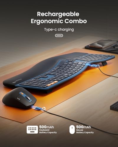 ProtoArc EKM01 Plus Wireless Ergonomic Keyboard Mouse Combo - Blue | Full-size Split Keyboard with Cushioned Wrist Rest, Ergonomic Mouse, 3-Device Bluetooth/2.4G, USB-C Rechargeable - color: Blue