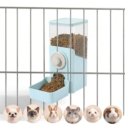 41 oz Hanging Gravity Feeder for Small Animals, Rabbits & Guinea Pigs | Adjustable Cage Height | No-Open-Cage Refill | Space-Saving | Clear Reservoir | Versatile Food Compatibility - color: Light Blue