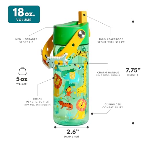 Elemental Water Bottles for Kids - Splash Kids Water Bottle for School with Fun Charm Handle - BPA Free Tritan Plastic Bottle with Straw Leak Proof When Spout is Closed - 18oz - Jungle Friend - color: Jungle Friend
