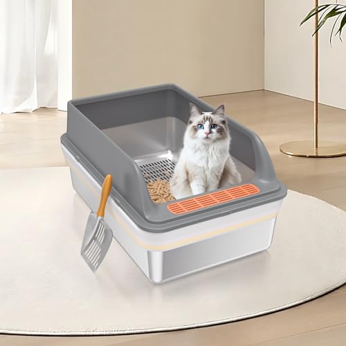 Stainless Steel Sifting Litter Box with Lid, Large Sifting Cat Litter Box for Pine Pellets & Big Cats,Metal Pellet Sifter Litter Pan System for Odor Control,Sifting Box Liners & Scoop - size: L:19.7''×13.8''×10''