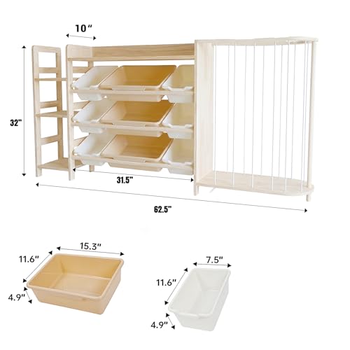 Amdermi Kids Toy Storage Organizer with Bookcase and Stuffed Animal Zoo, 4-in-1 Wooden Multi Bin Toy Shelf for Toddlers, Playroom, Bedroom, Nursery - color: Cream