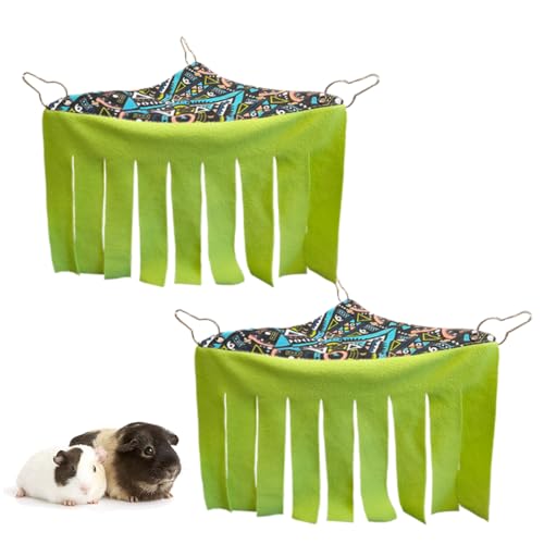 RIOUSSI Guinea Pig Hideout Hideaway Corner Fleece Toys Cage Accessories | Reversible Sides | Soft Fleece Fabric | Come with Hooks | Guinea Pig Hammock for Small Animals | Green+Green, Triangle - color: Green+Green