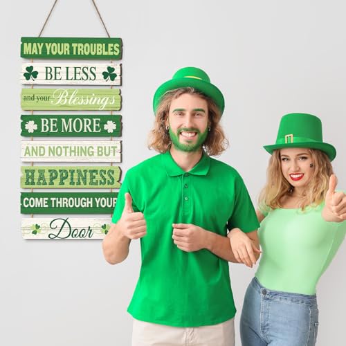 JarThenaAMCS St. Patrick's Day Door Sign Wooden May Your Troubles Be Less Irish Blessing Sign Shamrock Rustic Hanging Wall Decor for Indoor Outdoor Farmhouse Home Party Decor - style: St. Patrick's Day