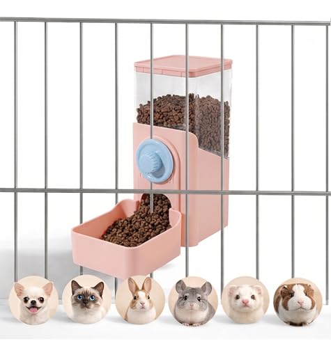 41 oz Hanging Gravity Feeder for Small Animals, Rabbits & Guinea Pigs | Adjustable Cage Height | No-Open-Cage Refill | Space-Saving | Clear Reservoir | Versatile Food Compatibility - color: Pink