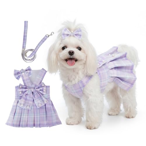 Cute Plaid Dog Dress Clothes for Small Dogs Cats Girl Purple Plaid Dog Dress with Pearls Bow Tie Harness Leash for Spring Summer Birthday Puppy Bunny Rabbit Yorkies Chihuahua Outfits - size: M