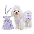 Cute Plaid Dog Dress Clothes for Small Dogs Cats Girl Purple Plaid Dog Dress with Pearls Bow Tie Harness Leash for Spring Summer Birthday Puppy Bunny Rabbit Yorkies Chihuahua Outfits - size: M