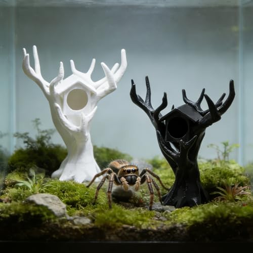 3D-Printed Tree Decor for Jumping Spiders - 2 Pack Climbing Tree with Hideout House, Black & White Habitat Decoration for Enclosures