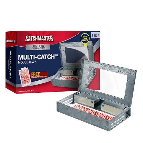 Catchmaster Multi-Catch Mouse Trap, Humane Mouse Trap Indoor for Home, Includes 1 Replaceable Glue Board, Live Catch Pest Control for Garage & Shed - size: 1-Trap Metallic