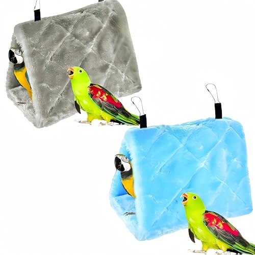 2 Pack Warm Bird Nest House Bed Hanging Hammock Sleeping Bed Plush Hanging Snuggle Cave Happy Hut for Pet Parrot Parakeet Cockatiel Conure Cockatoo African Grey Macaw(Blue&Grey) - color: Blue and Grey