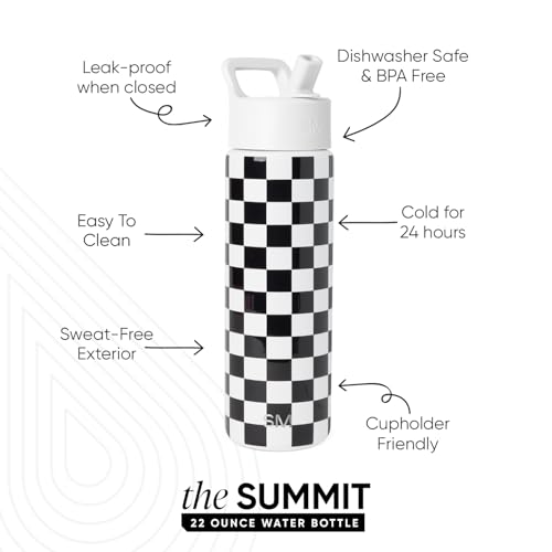 Simple Modern Insulated Water Bottle with Straw | 22oz | Checkered | Summit Stainless Steel Water Bottles, Metal Cup | Leak Proof for School, Gym, Travel, Sports | Black and White Checkmate - color: Pattern: Black and White Checkmate, style: 22oz