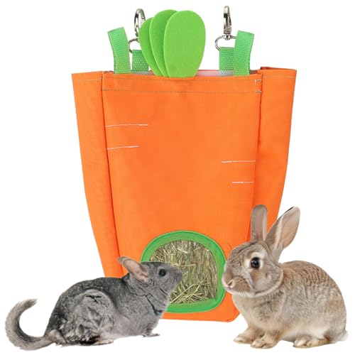 ABTOLS Rabbit Hay Feeder Bags, Hanging Hay Feeder for Cage Guinea Pigs Chinchillas Hamsters Orange Green Carrot Shape Bunny Small Animal Pet Cartoon Hay Bag - color: orange