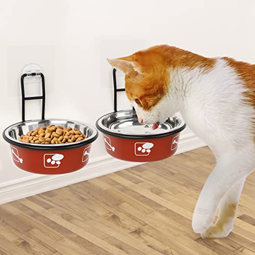Torlam Elevated Pet Bowls, Wall Mounted Cat Food Dish, Raised Cat Food and Water Bowls, Stainless Steel Elevated Pet Bowls with Stand, Nonslip No Spill Pet Feeding Bowls (2 Packs) (Red) - color: Red