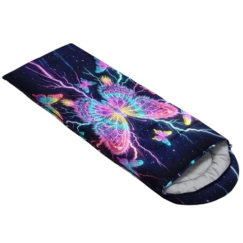 QOOMO Camping Sleeping Bags,3 Season Warm & Cool Weather,Lightweight,Waterproof Sleeping Bags for Adults & Kids,Traveling,and Outdoors,Camping Gear Equipment - color: neon butterfly